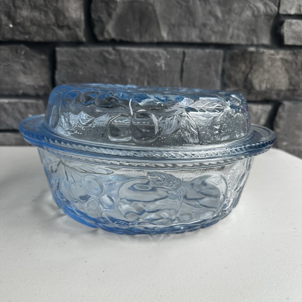 VTG Libbey Fruit Orchard Blue Glass Casserole Pie Dish Lid 3 Qt Cottage Granny